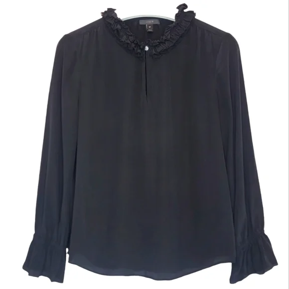 J.CREW Silk Ruffle High Neck Black Blouse Women's 6P Long Sleeves Ruffle Cuffs - Picture 2 of 11